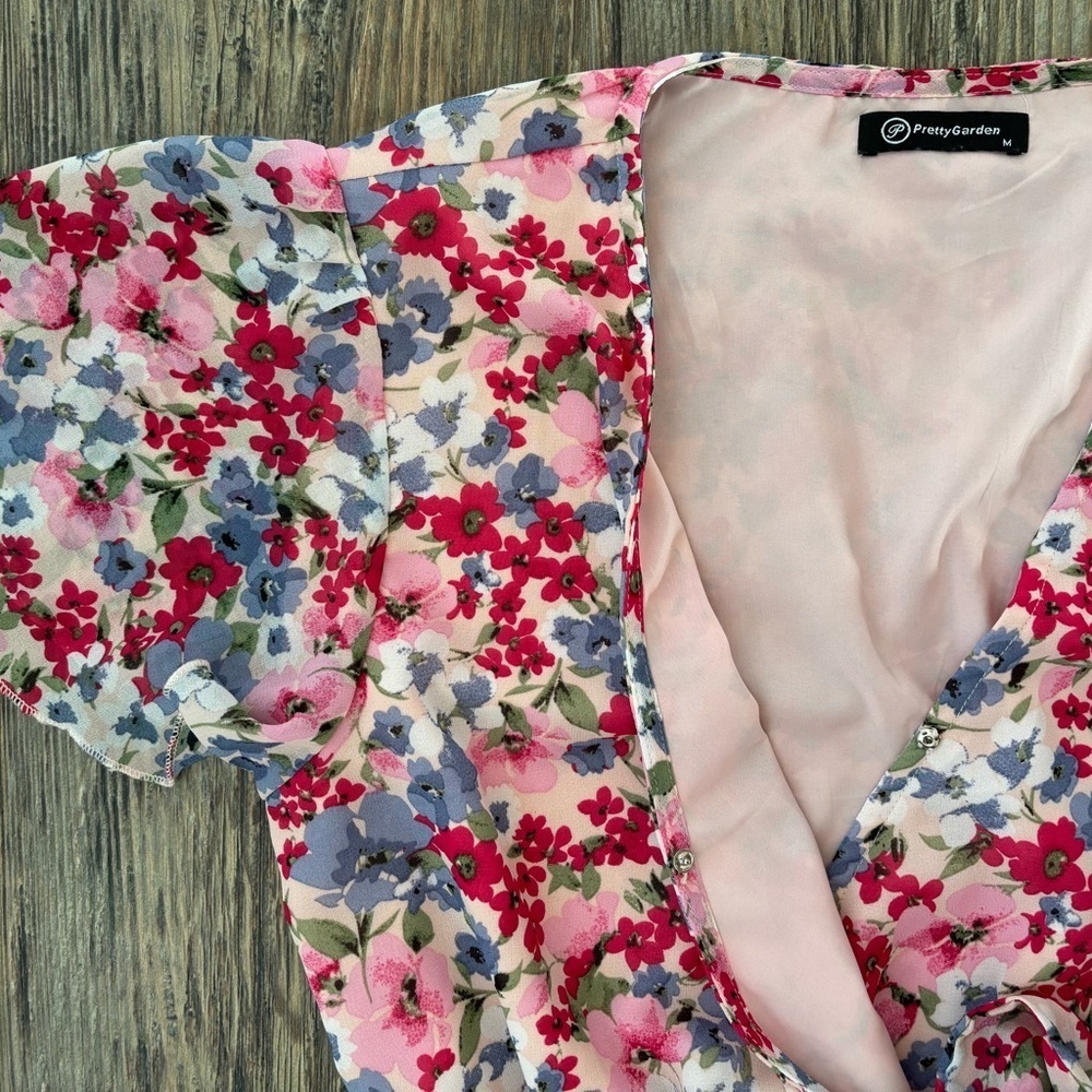 Pretty Garden M Floral Ruffle Hem Wrap Chiffon Belted Dress S/S V-Neck Colorful - Picture 9 of 11